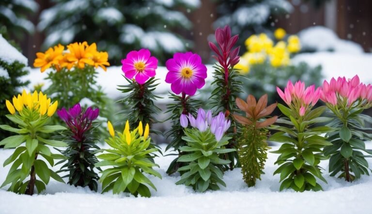 Colorful flowers blooming in the snow, with green foliage and snowy background