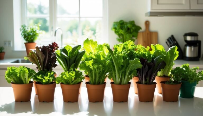 Potted lettuce and other greens sit on a kitchen counter near a window