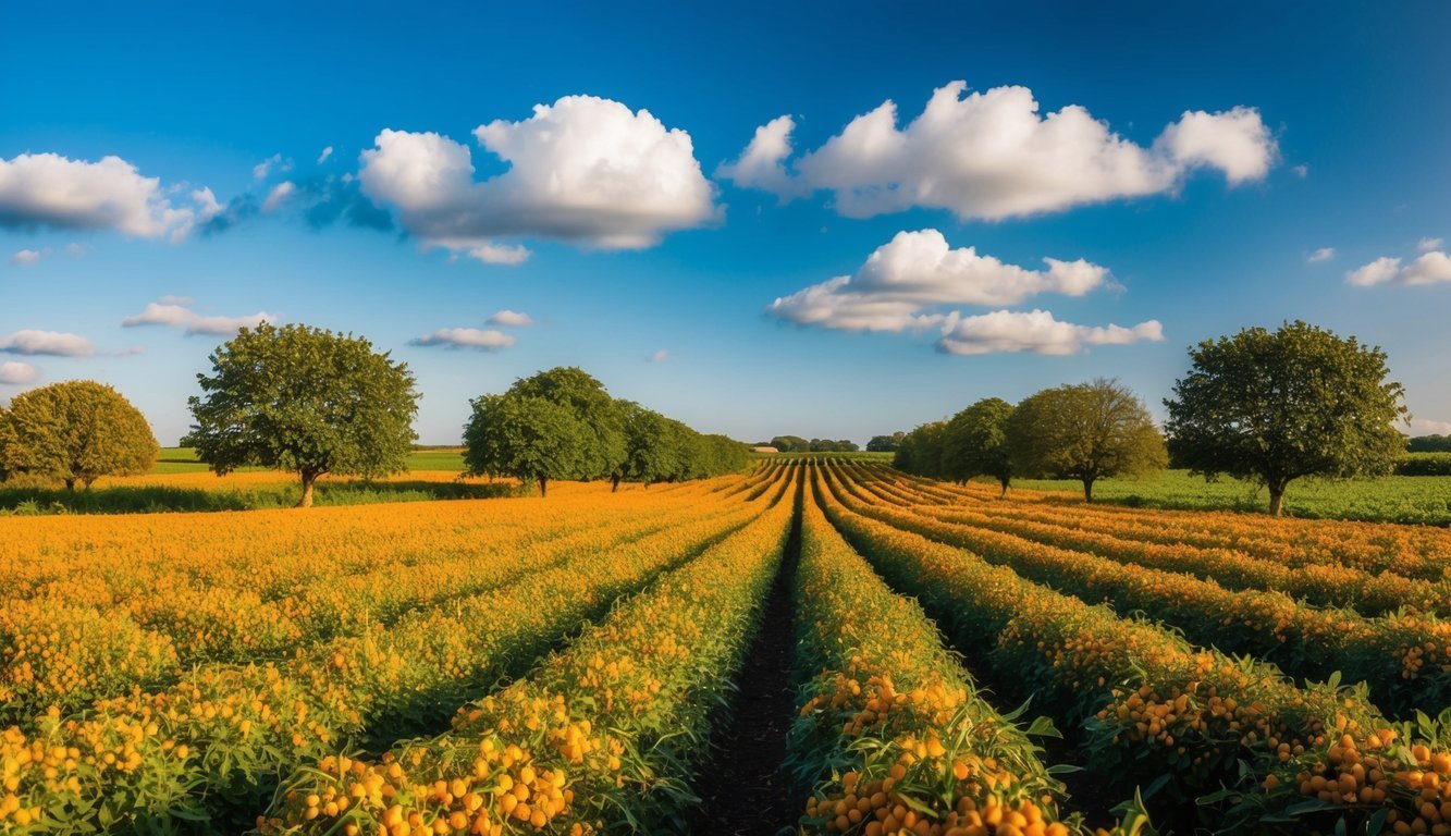 Rows of yellow flowers in a field with trees under a blue sky