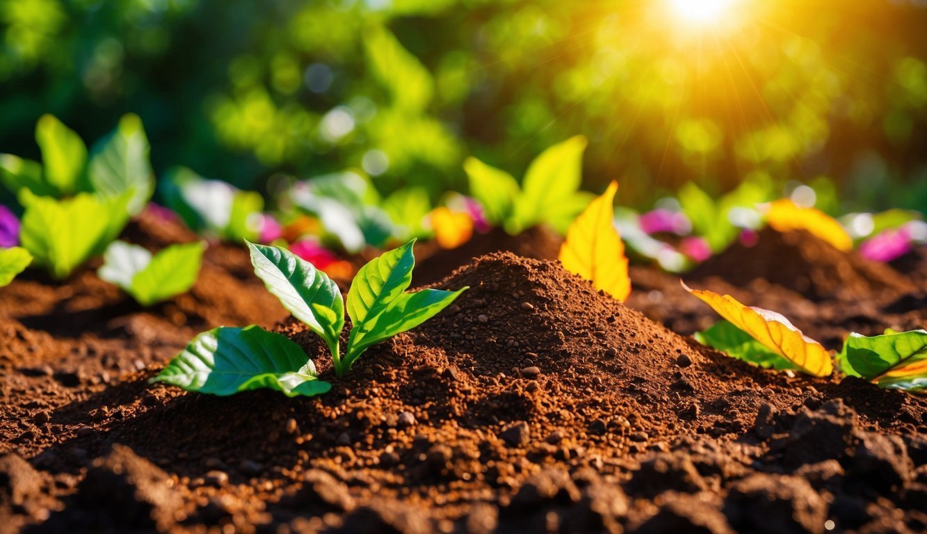 Young plants growing in rich soil, illuminated by sunlight