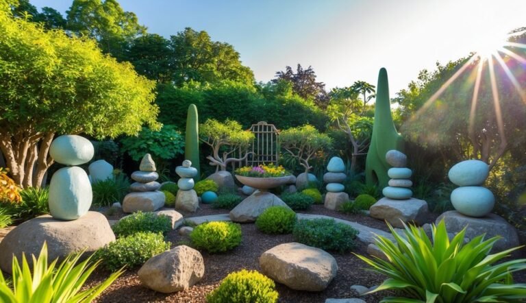 Zen garden with stacked stones, plants, and a decorative gate