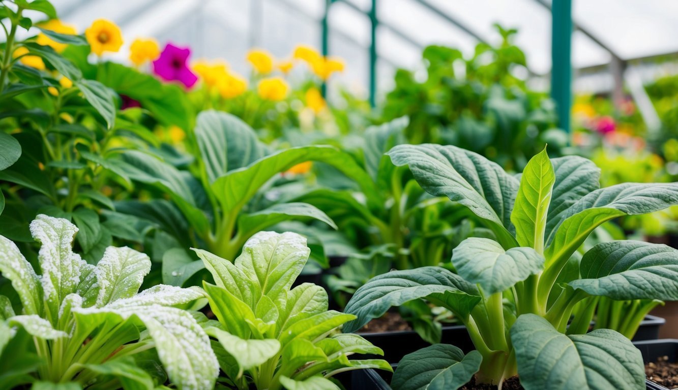 Green leafy plants and colorful flowers growing in a greenhouse setting