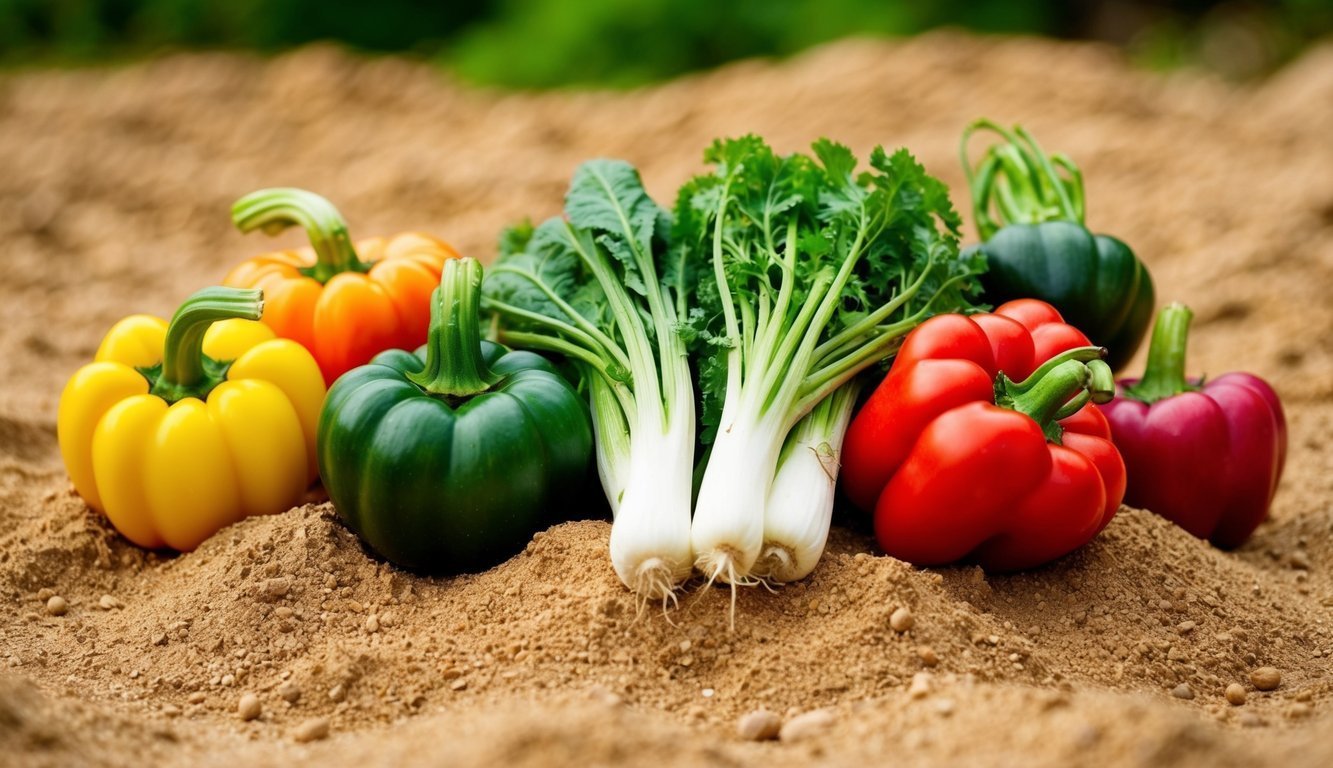 Colorful bell peppers and other vegetables arranged on soil