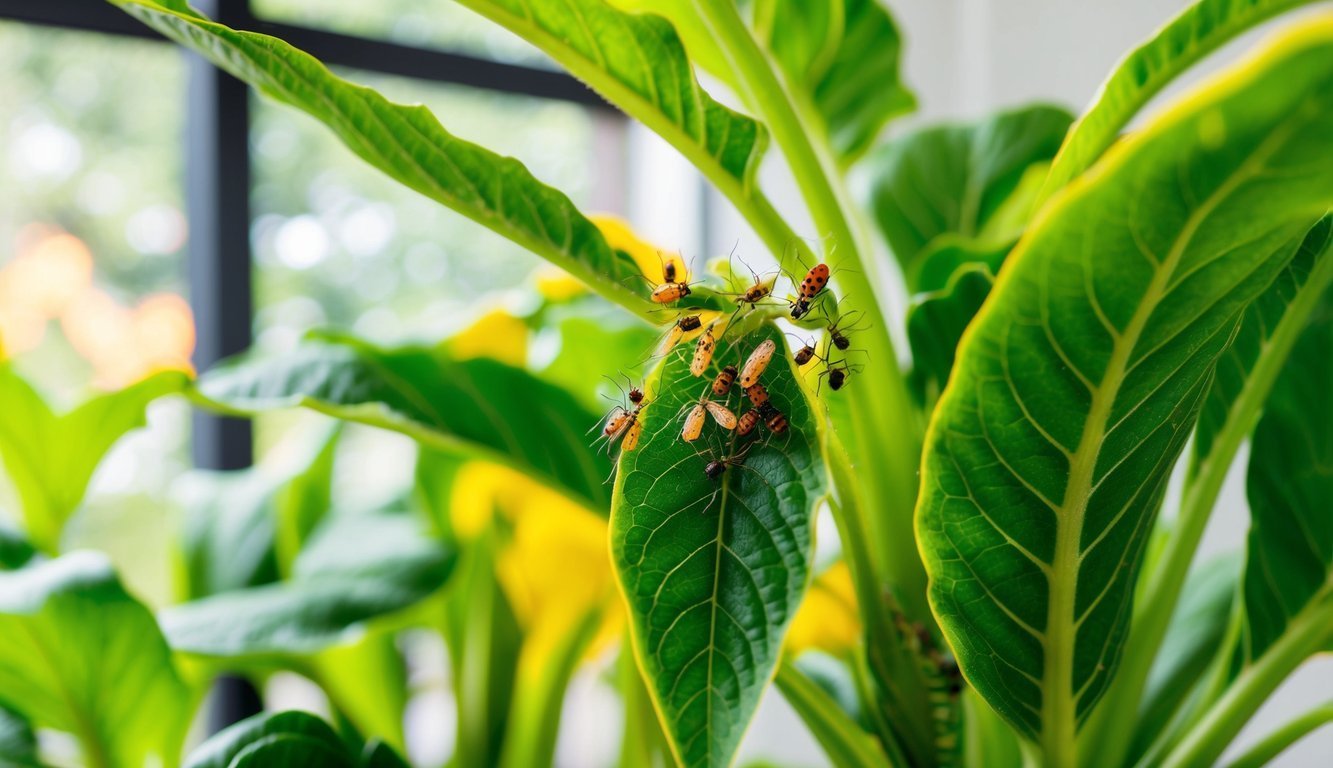 Green plant leaves with insects, including ladybugs and ants
