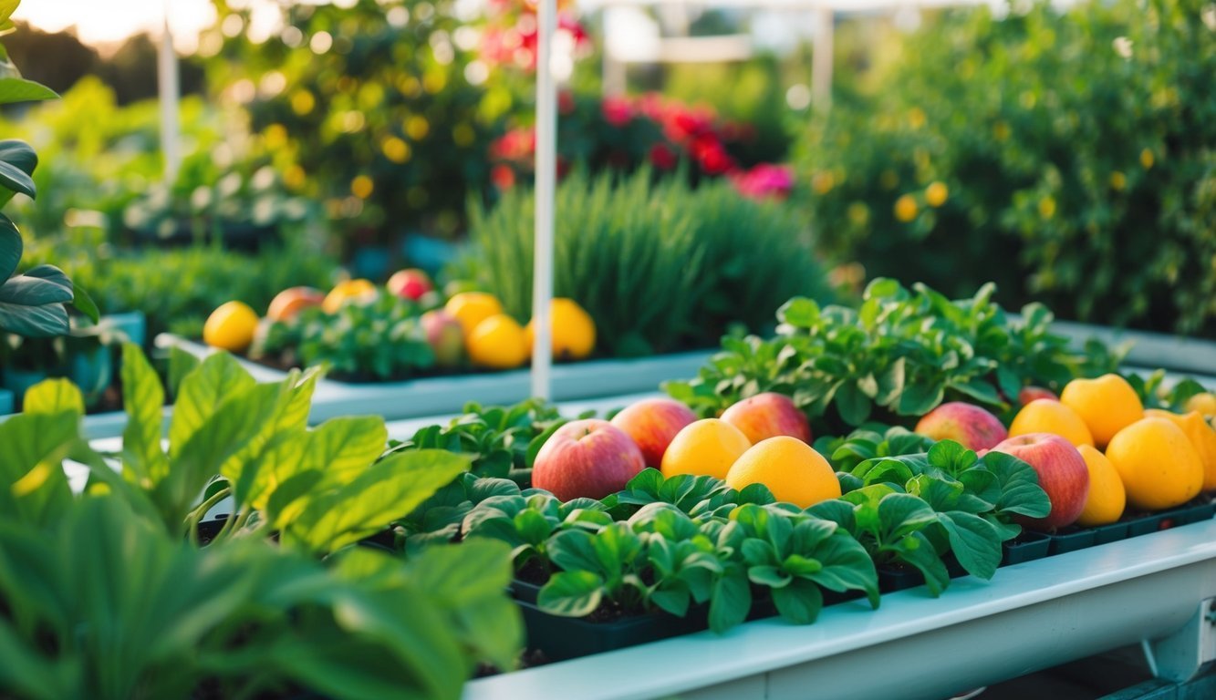 Apples and oranges on a tray with green plants in a garden