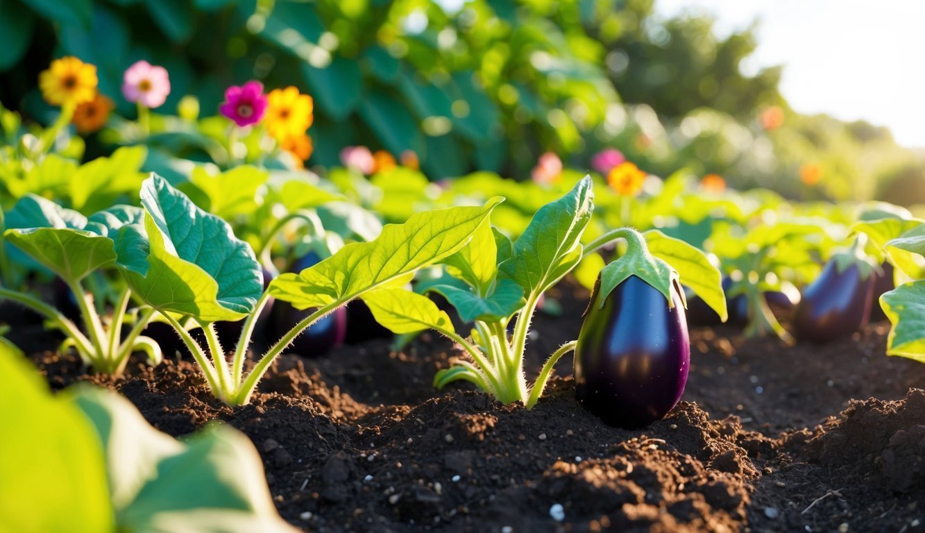 Eggplant plants growing in a garden with flowers in the background