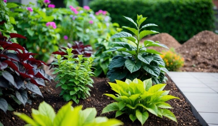 Colorful garden bed with various plants and flowers, close-up view
