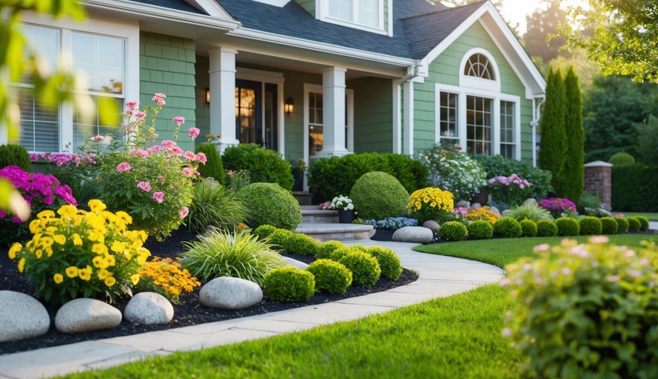 Green house with lush landscaping, flowers, and a winding walkway