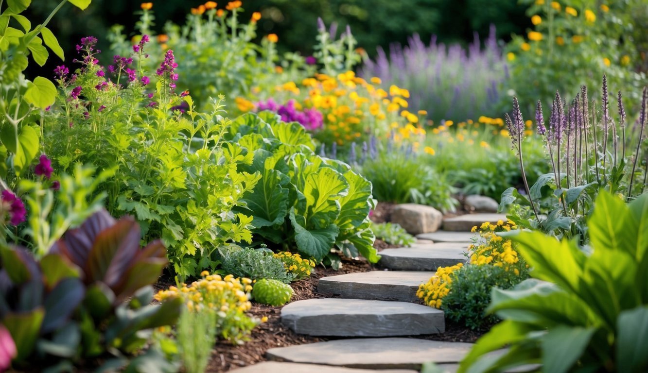 Stone path winds through a vibrant garden with colorful flowers and plants