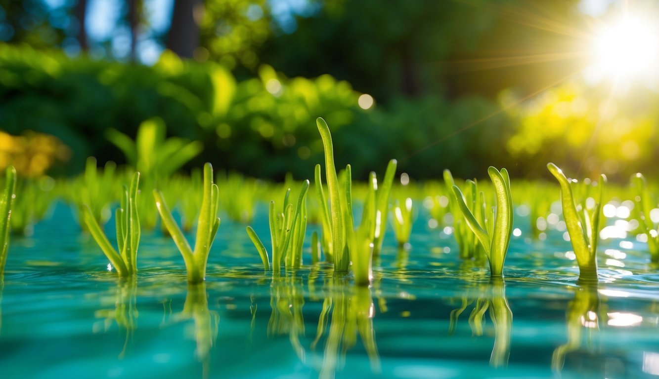 Green grass growing in water, with sunlight shining brightly