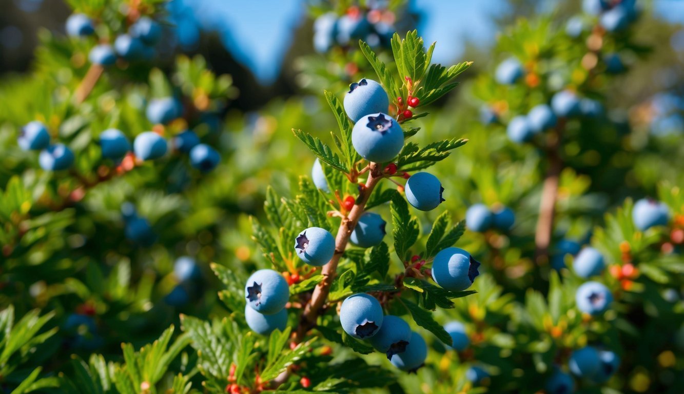 Close-up of blueberry bush with ripe, blue berries and green leaves
