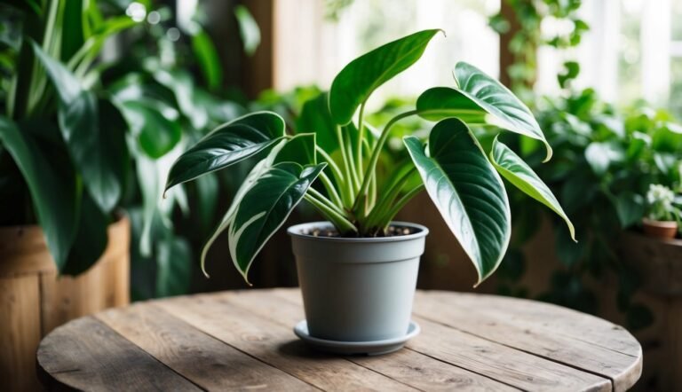 Potted houseplant with large green leaves on a wooden table