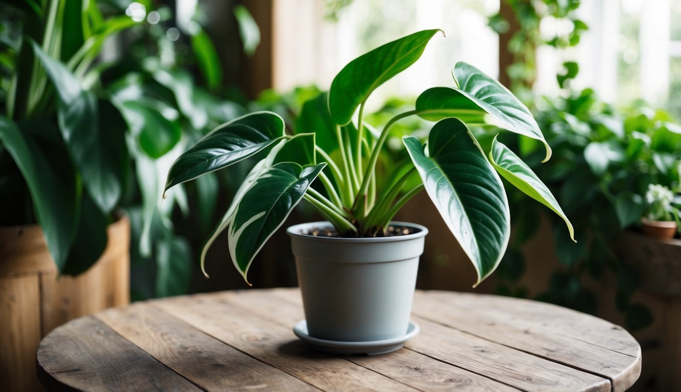 Potted houseplant with large green leaves on a wooden table