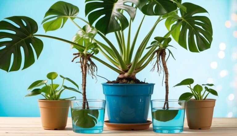 Monstera plant being propagated with water and small potted plants