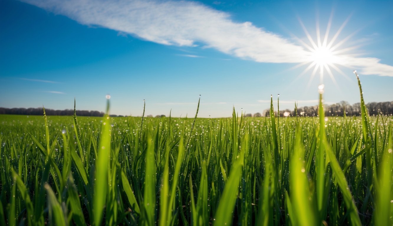 Green grass with water droplets, bright sun, and blue sky