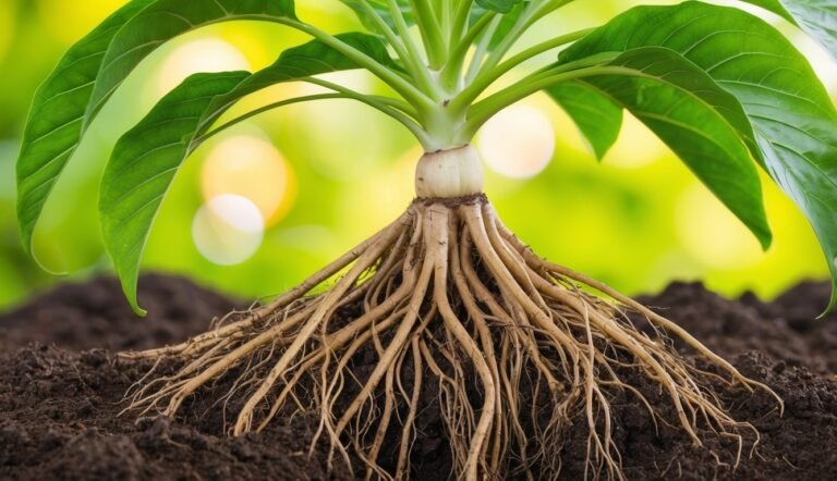 Plant with exposed roots in soil, green leaves, and blurred background