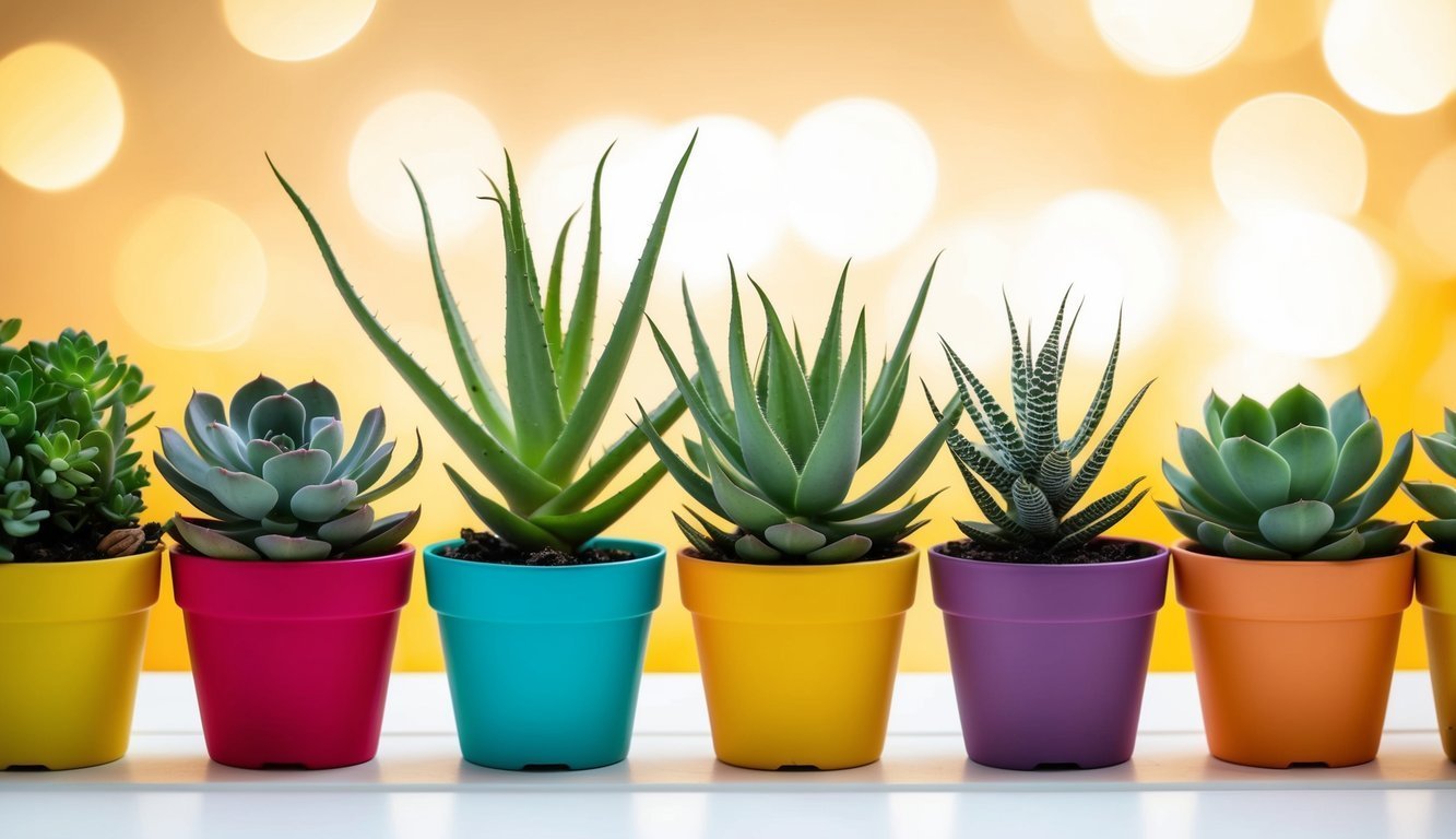 Succulents in colorful pots arranged in a row against a bokeh background