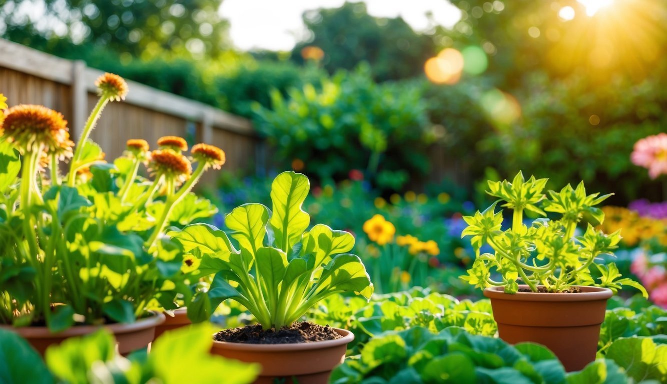 Potted plants and flowers in a sunny garden with a wooden fence
