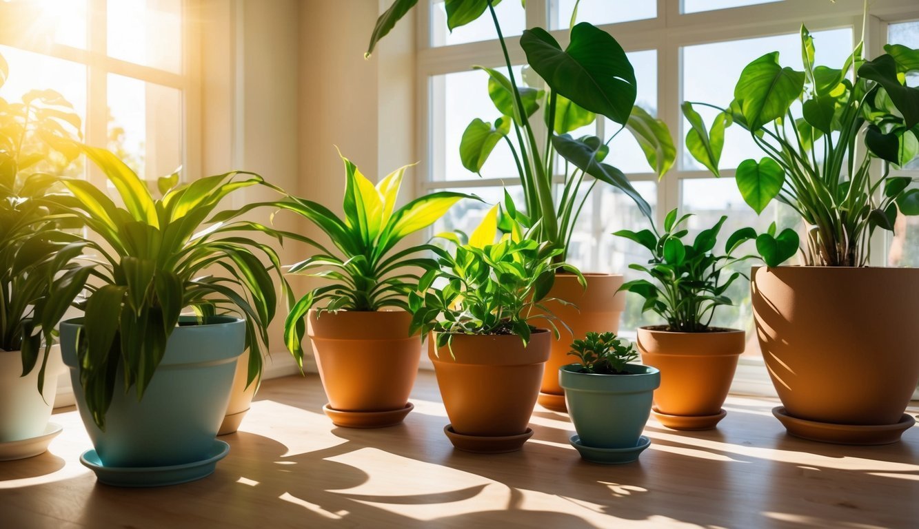 Various potted plants sit on a wooden floor near a sunny window