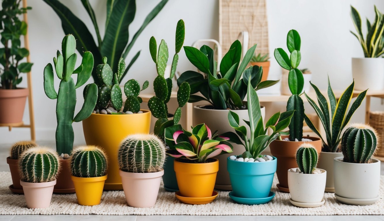 Collection of potted cacti and plants in colorful pots on a rug