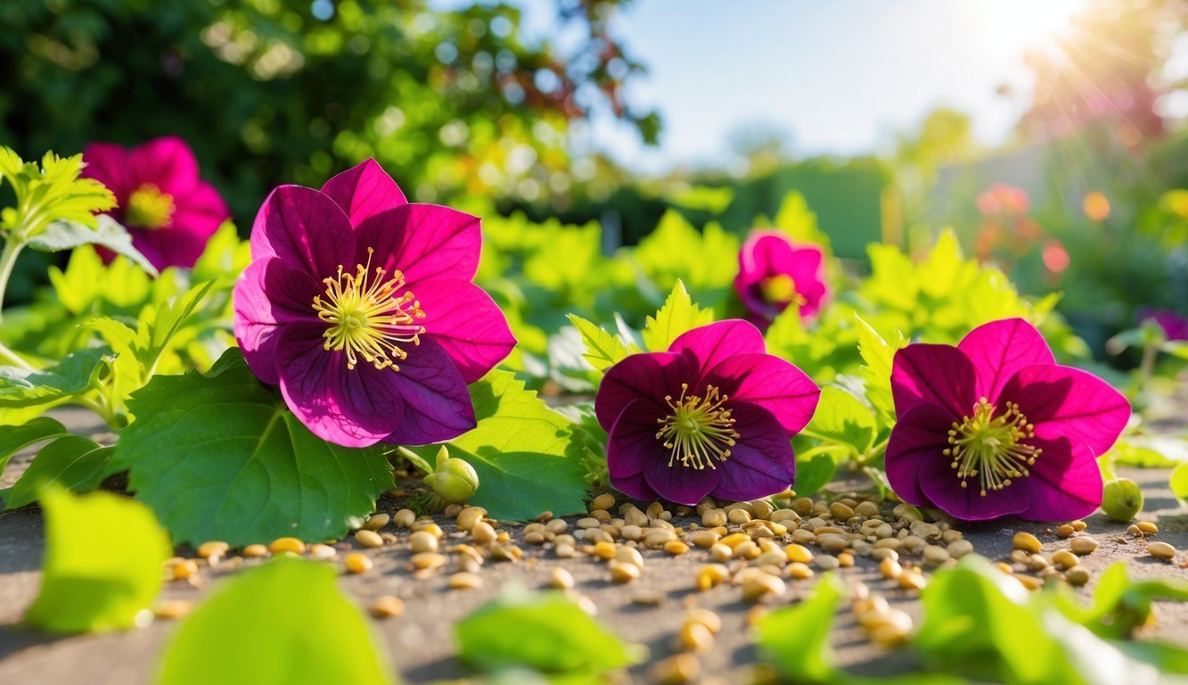Close-up of vibrant purple hellebore flowers with yellow centers in a garden