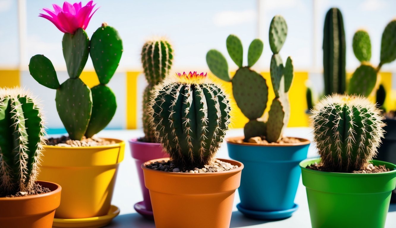 Various cacti in colorful pots, some with flowers, against a bright background