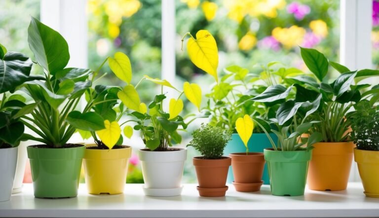 Various potted plants with green and yellow leaves on a windowsill