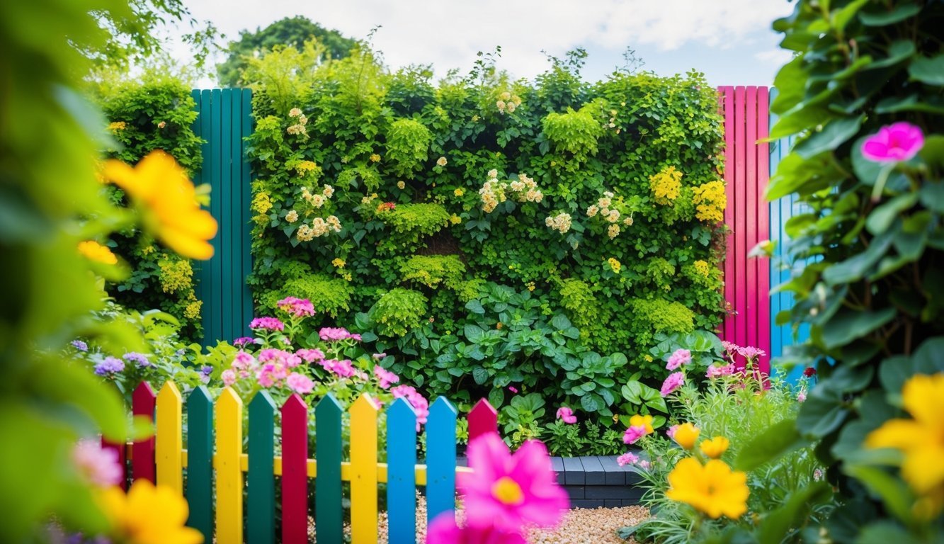 Colorful garden with vertical green wall, flowers, and picket fence