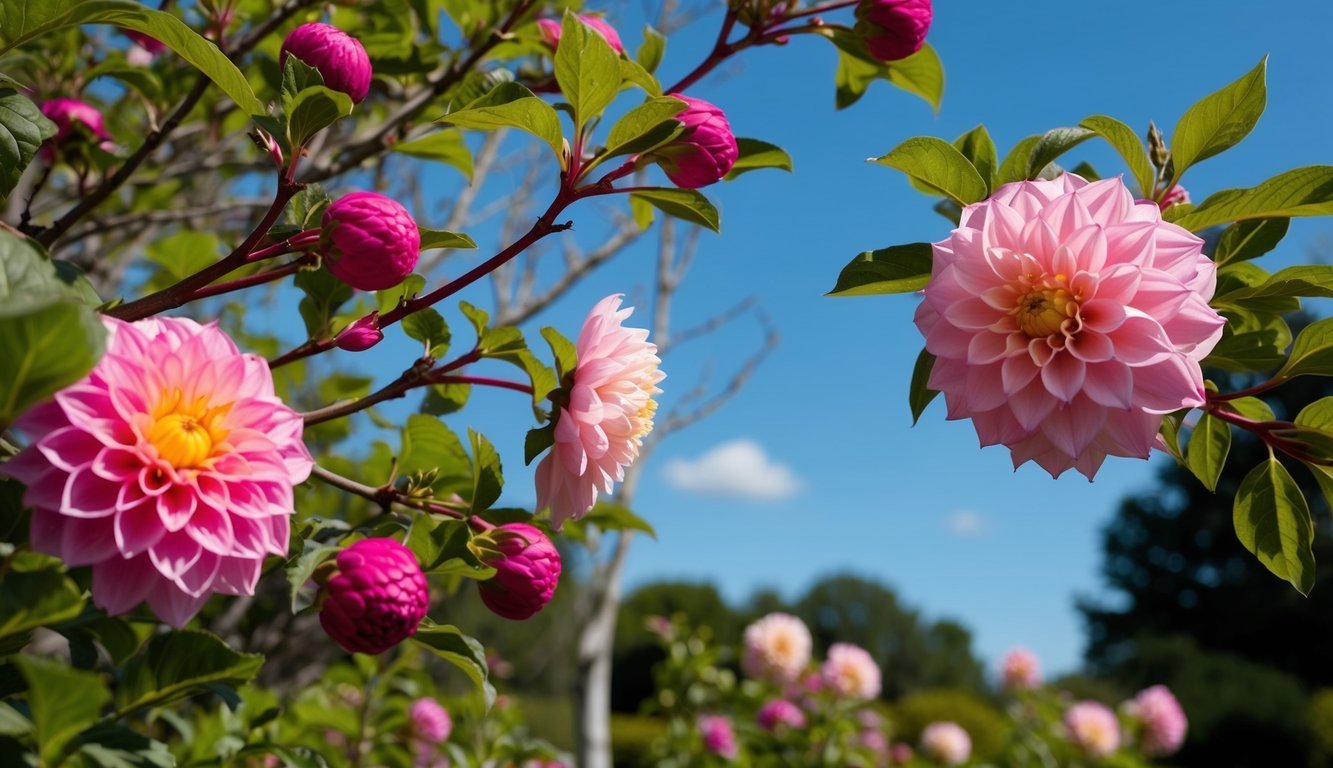 Pink dahlias in bloom with buds on a branch against a blue sky