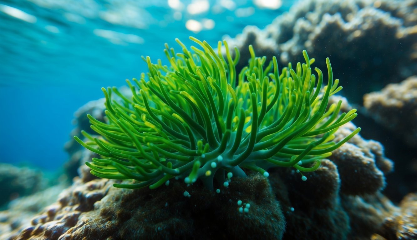 Underwater view of green sea anemone on coral reef