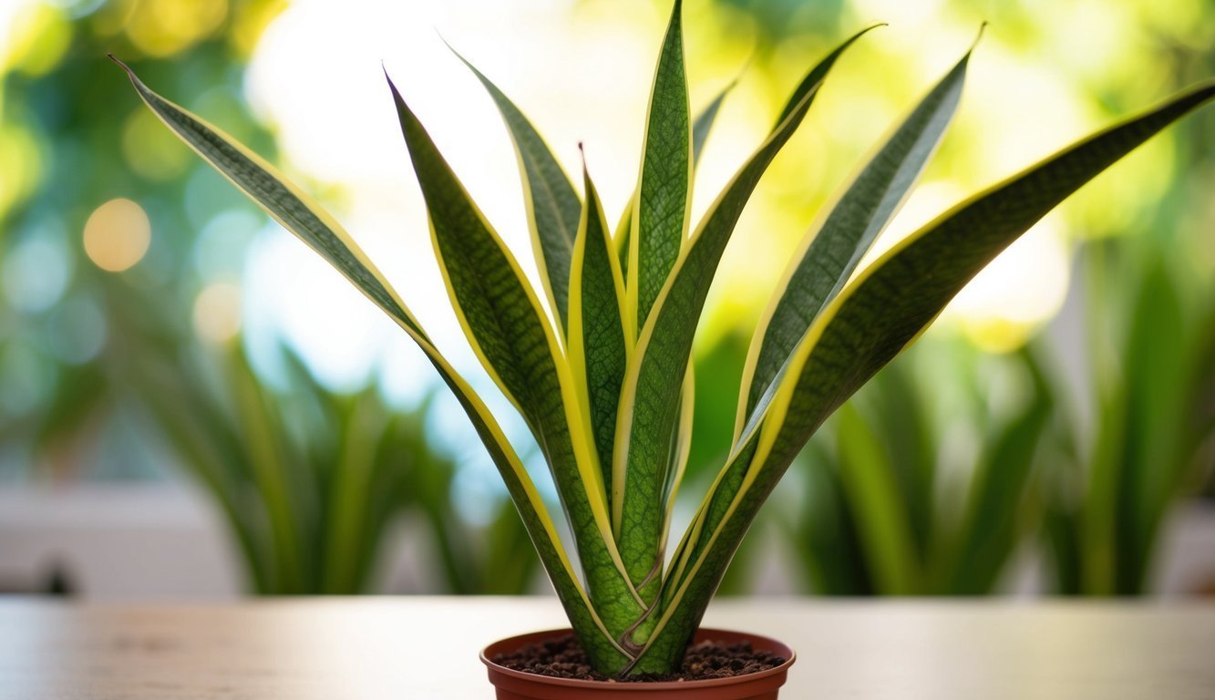 Snake plant with green and yellow striped leaves in a brown pot
