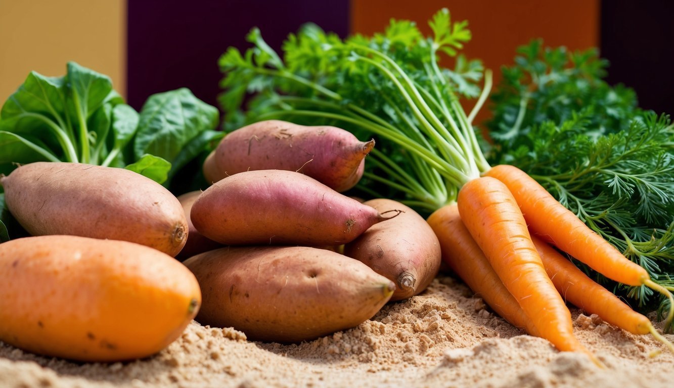 Sweet potatoes, carrots, and leafy greens arranged on a sandy surface