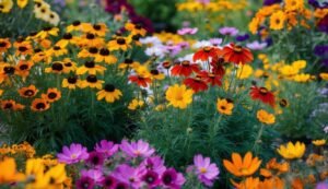 Colorful garden bed filled with various flowers in bloom