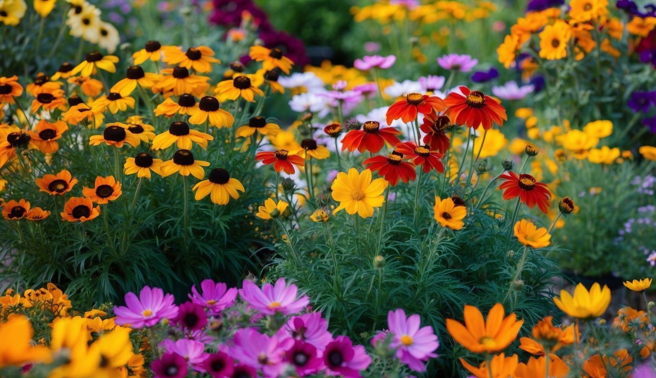 Colorful garden bed filled with various flowers in bloom