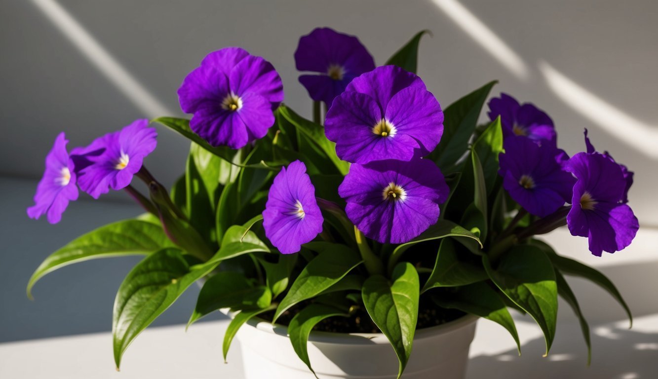 Purple flowers with yellow centers in a white pot, green leaves