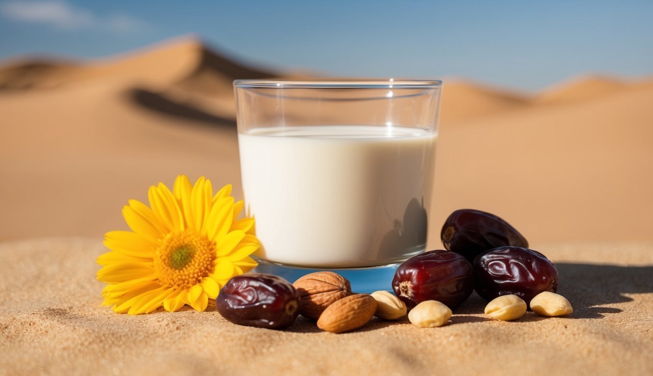 Glass of milk, dates, nuts, and a flower in a desert setting