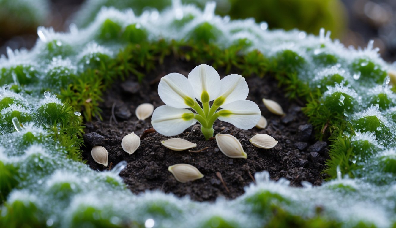 White flower with seeds in moss covered with frost