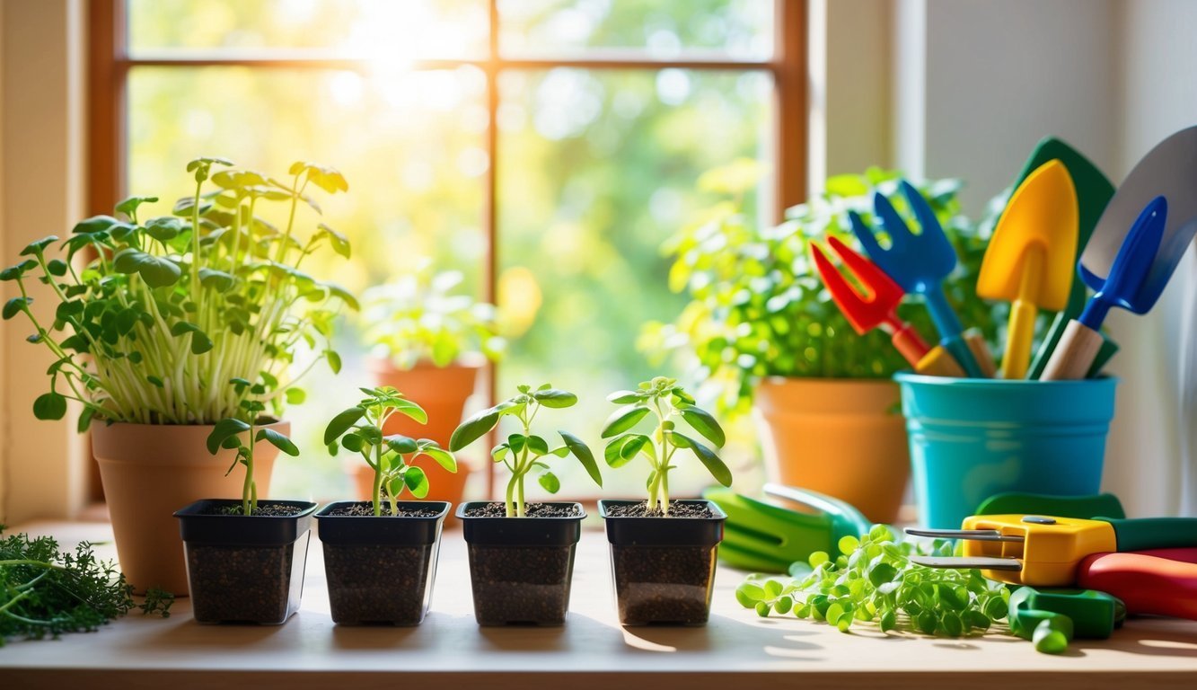 Potted plants and gardening tools sit on a windowsill with bright sunlight
