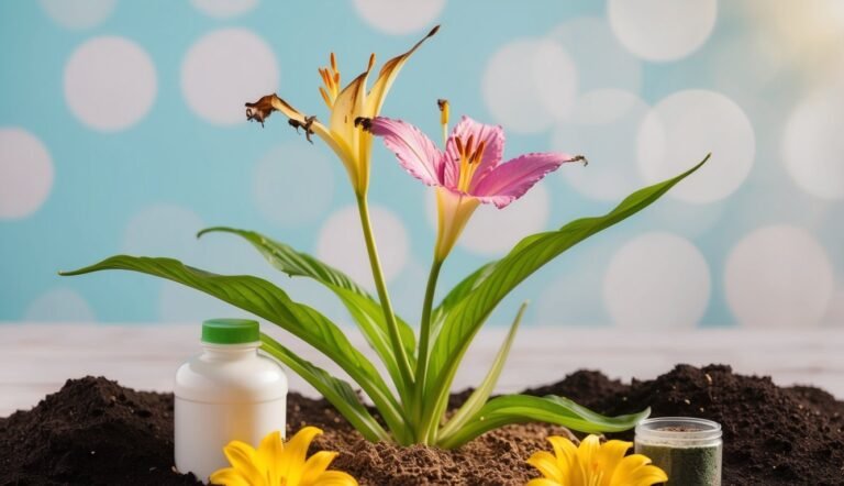 Pink and yellow flowers growing in soil with fertilizer bottles