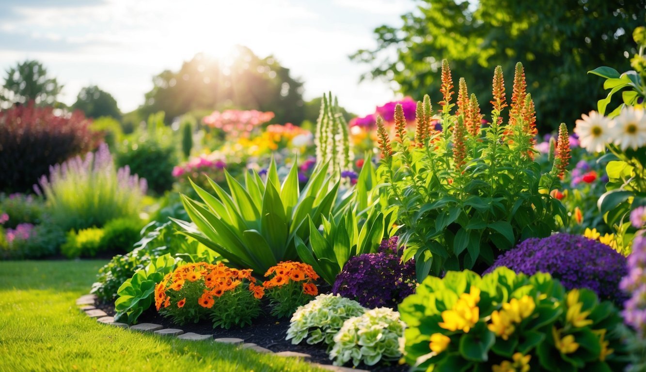 Colorful flower garden with various plants and sunlight shining through trees