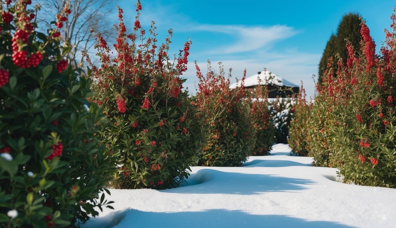 Snow-covered garden path lined with green bushes and red berries