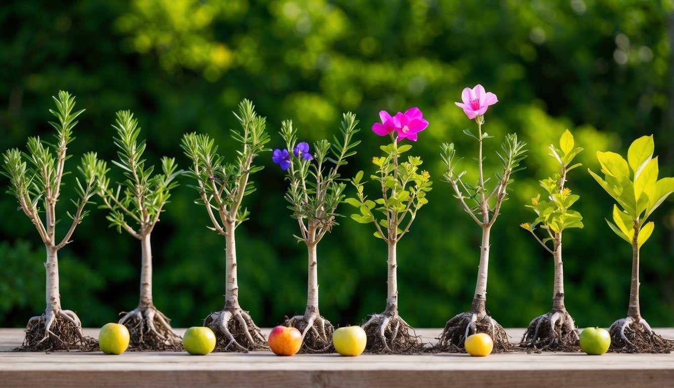 Small trees with flowers and fruit on a wooden surface, green background