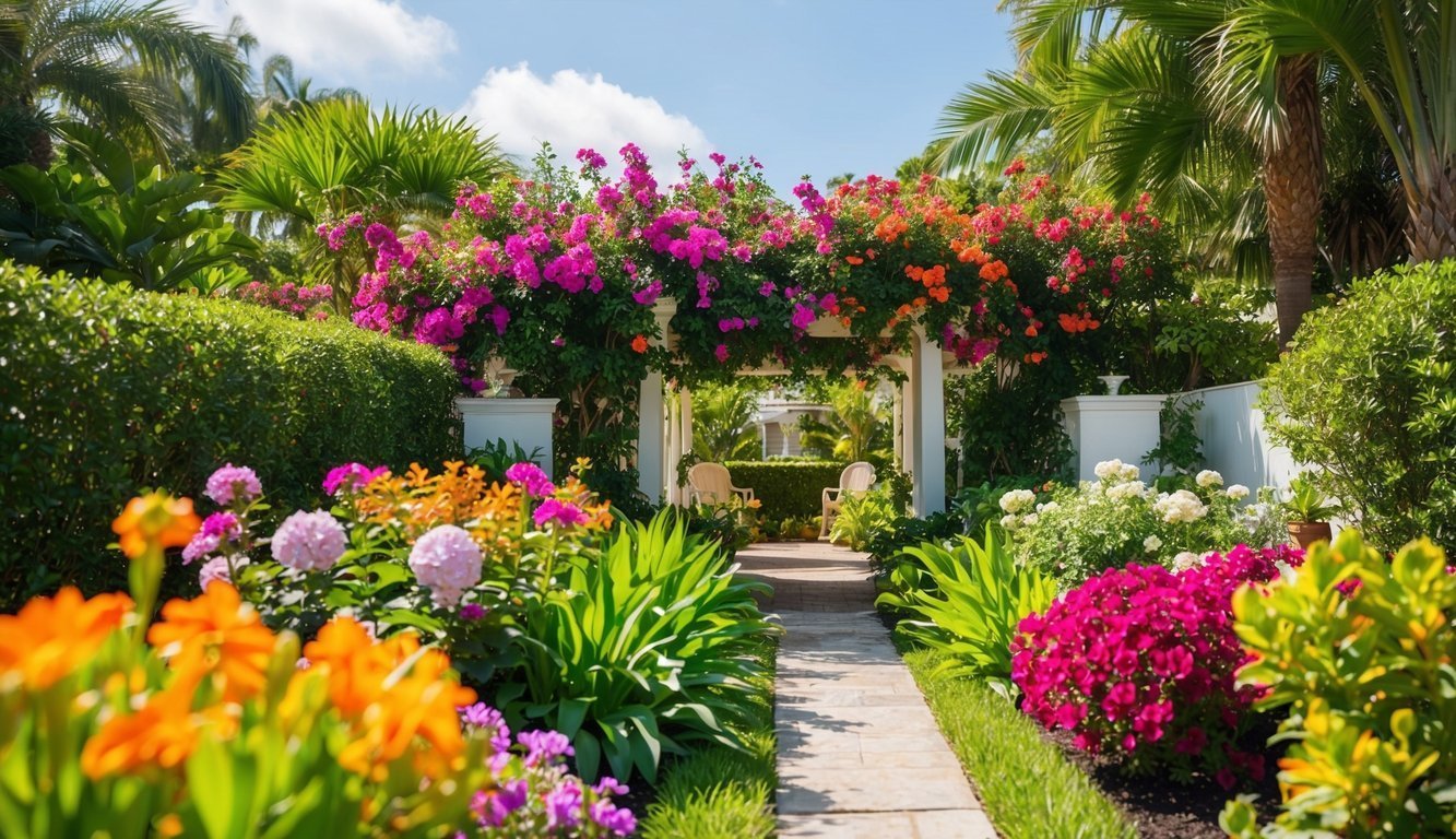 Stone path leads to a white arbor covered in vibrant flowers