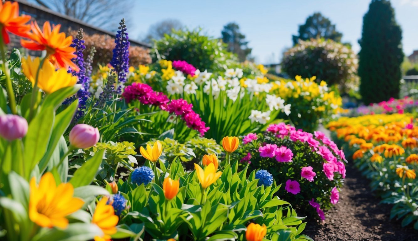 Colorful flower garden with tulips, daffodils, and other vibrant blooms