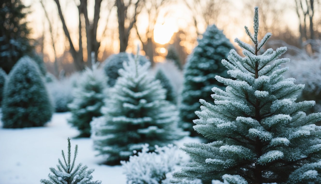 Frost-covered evergreen trees in a snowy landscape with a soft, golden sunset