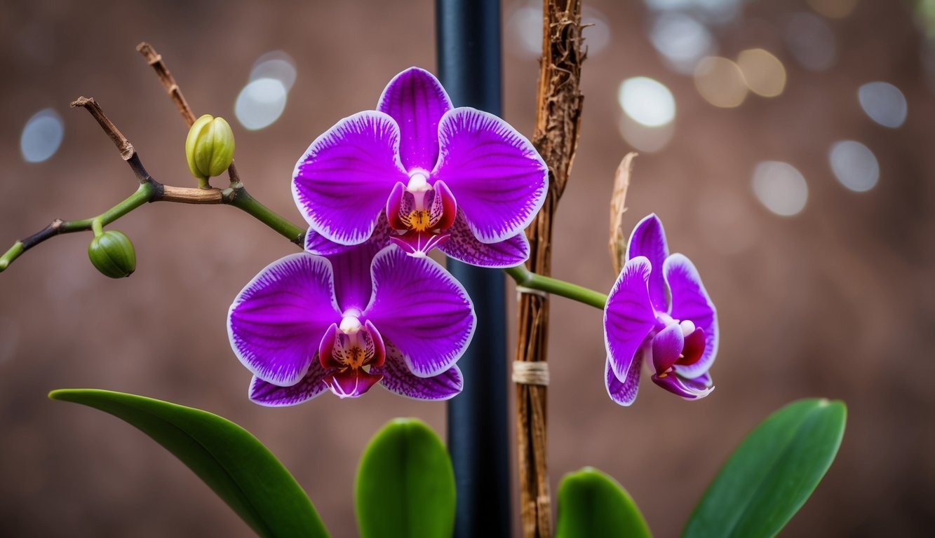Close-up of vibrant purple orchids with white edges and green leaves