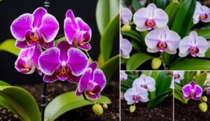Purple and white orchids with green leaves, in a collage of images
