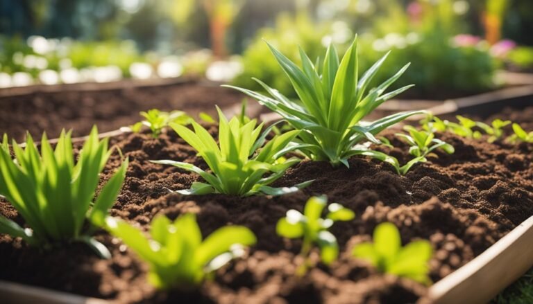Close-up of a garden bed with young green plants in rich soil