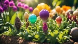 Colorful, stylized mushrooms in a garden setting with various flowers and plants