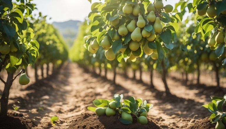 Pear orchard with rows of trees laden with ripe green pears